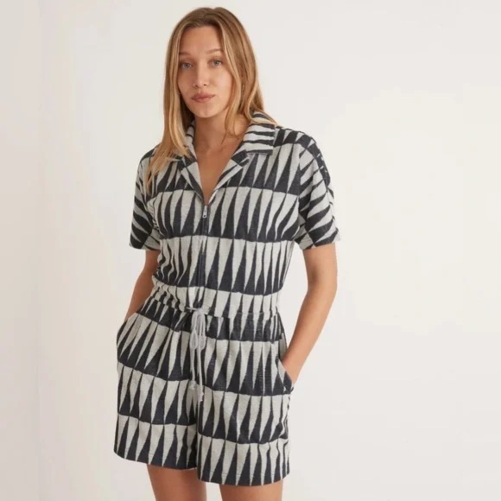 Marine Layer (M) Terry Out Romper- Terrycloth Geometric Print Retro Vibes Sporty